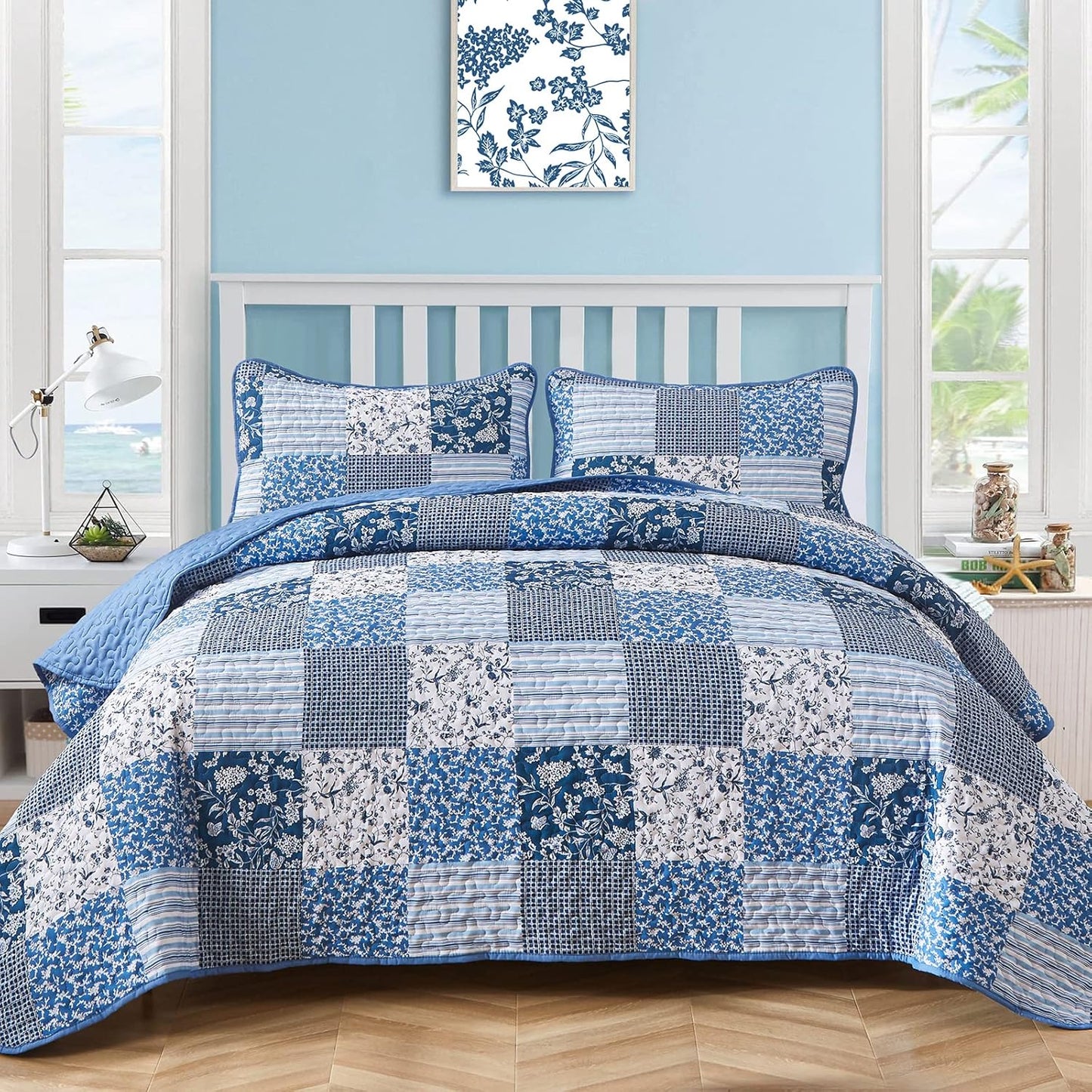 Mybedsoul Blue Boho Quilt Set Queen Size for All Seasons