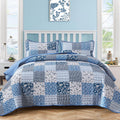 Blue Boho Quilt Set King Size Plaid Floral Patchwork - Reversible