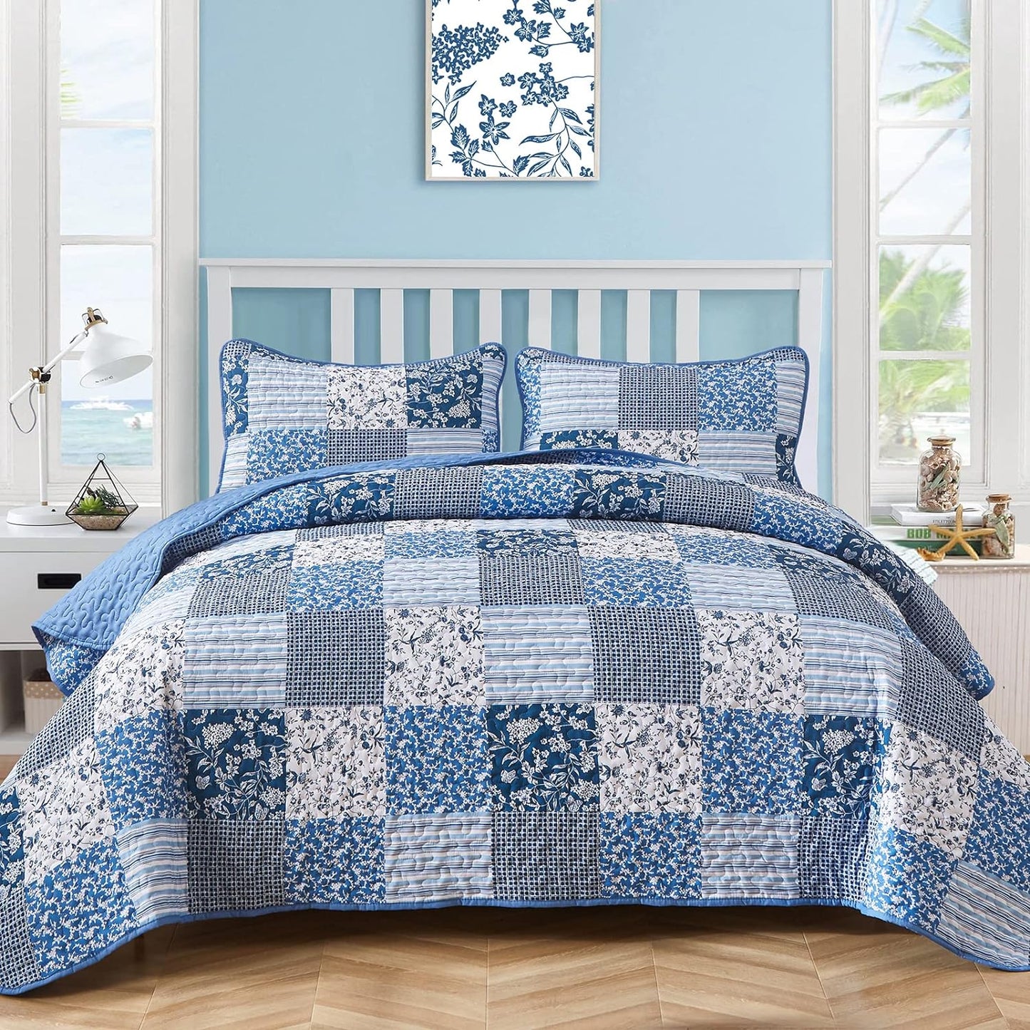 Blue Boho Quilt Set King Size - 3 Piece Floral Bedspread