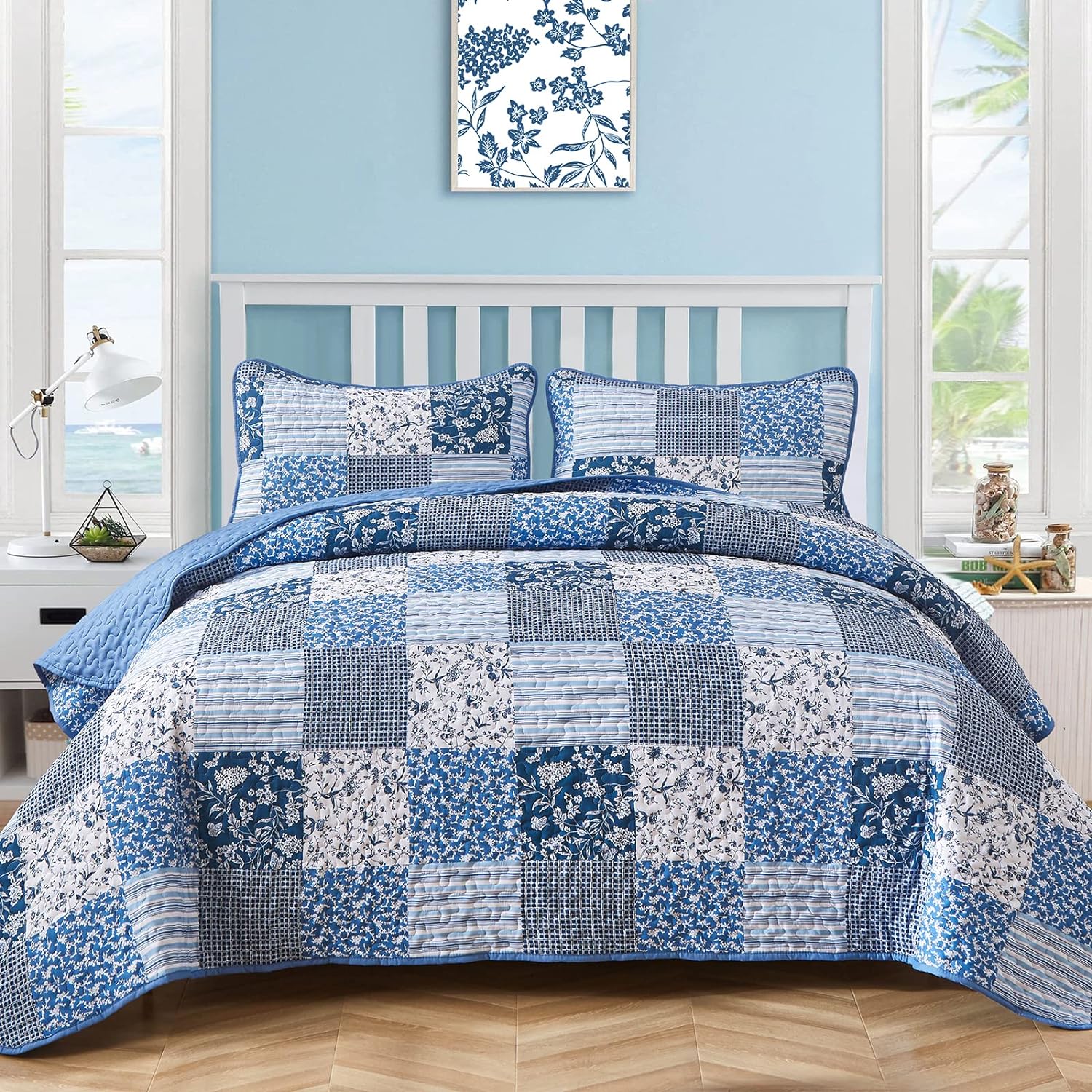 Blue Boho Quilt Set King Size - 3 Piece Floral Bedspread