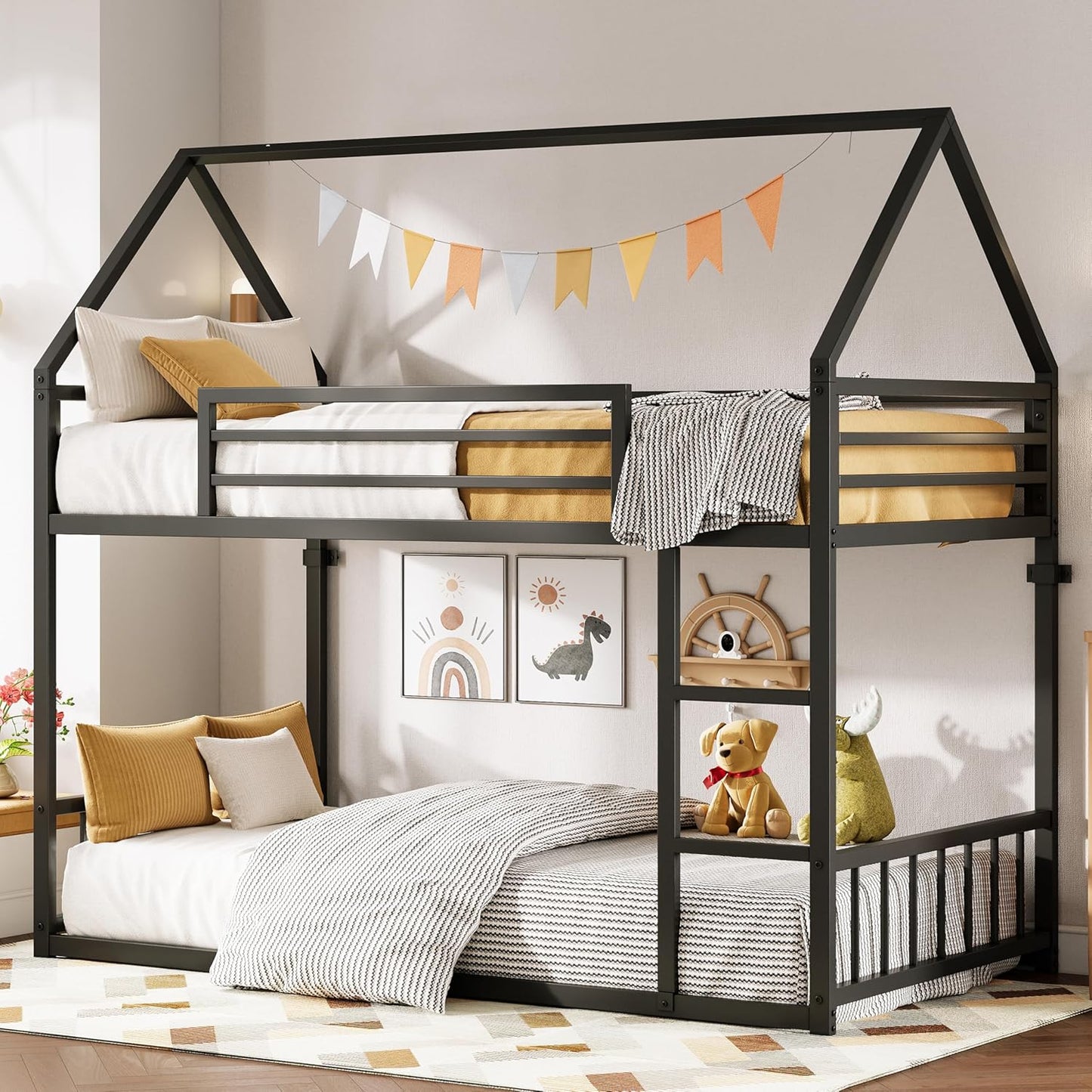 LIKIMIO Twin XL Bunk Bed Frame with Ladder and Guardrail Design