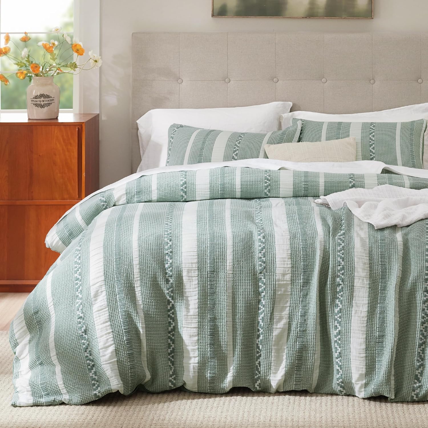 Boho Chic Cotton Duvet Cover Queen - Textured Green Design