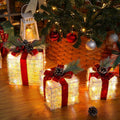 Set of 3 Lighted Christmas Gift Boxes with Velvet Bows - Plug-In LED