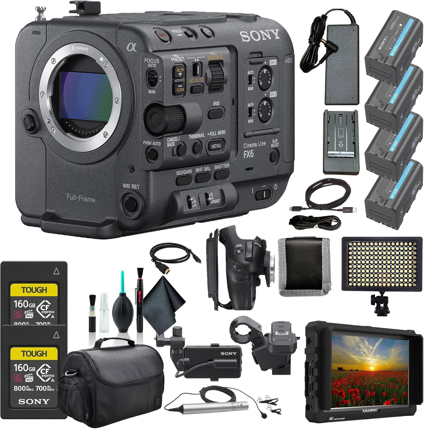 Sony FX6 Cinema Camera Bundle: 4K Monitor, Mic, Memory Cards, Batteries & MORE