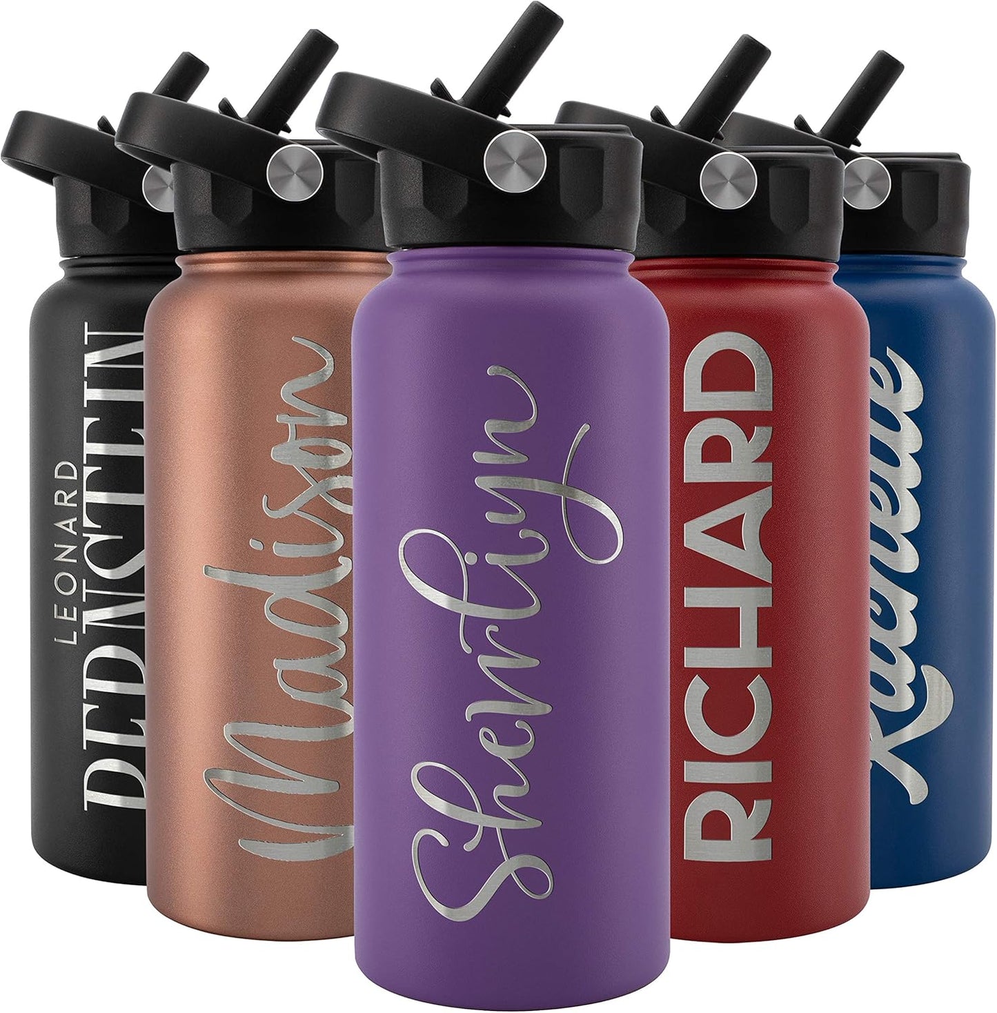 Personalized Water Bottle with Straw & Lid - 32 oz Purple