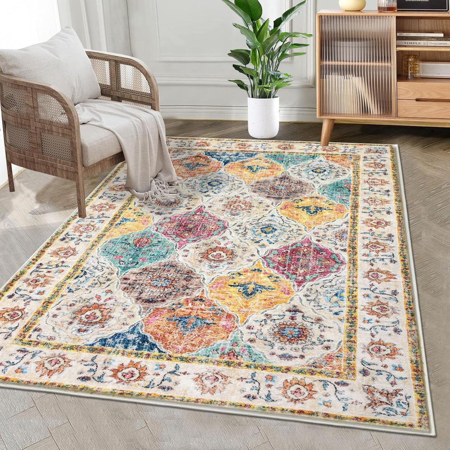 HEBE Washable Area Rug - Soft Distressed Medallion Design