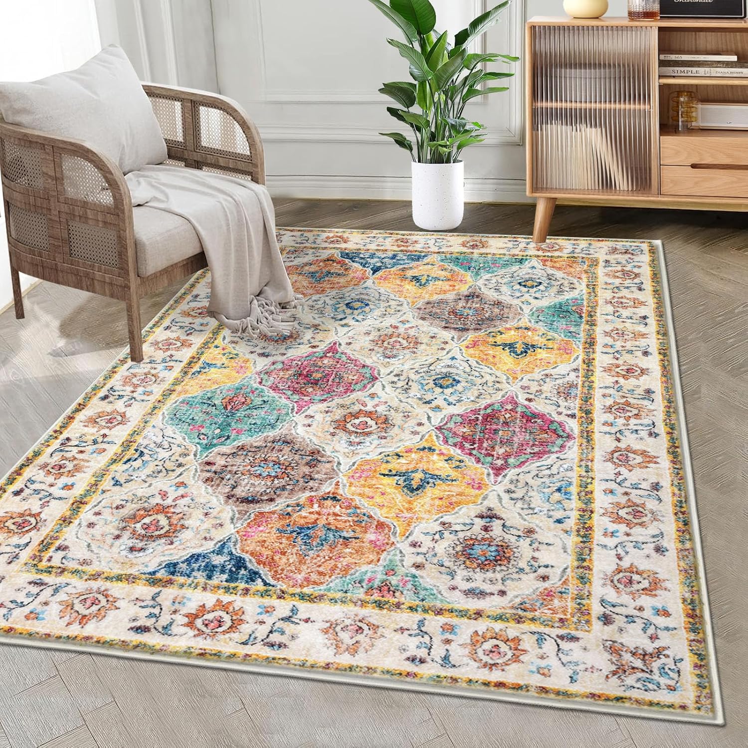 HEBE Washable Area Rug - Soft Distressed Medallion Design
