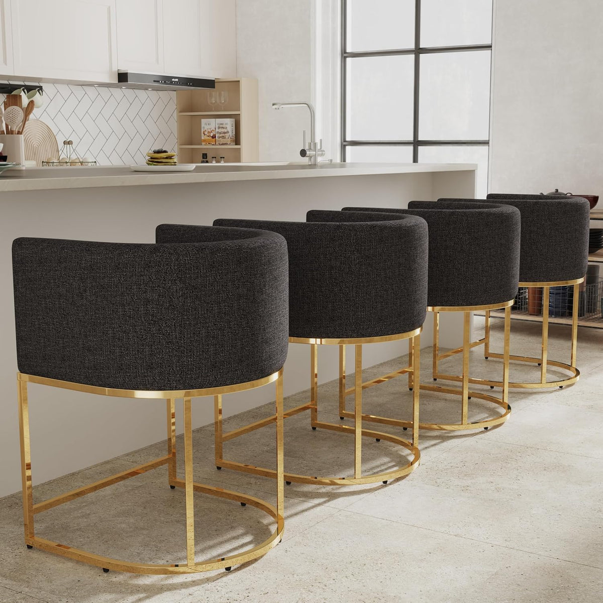 Contemporary Charcoal Linen Bar Stools Set of 4 for Kitchen