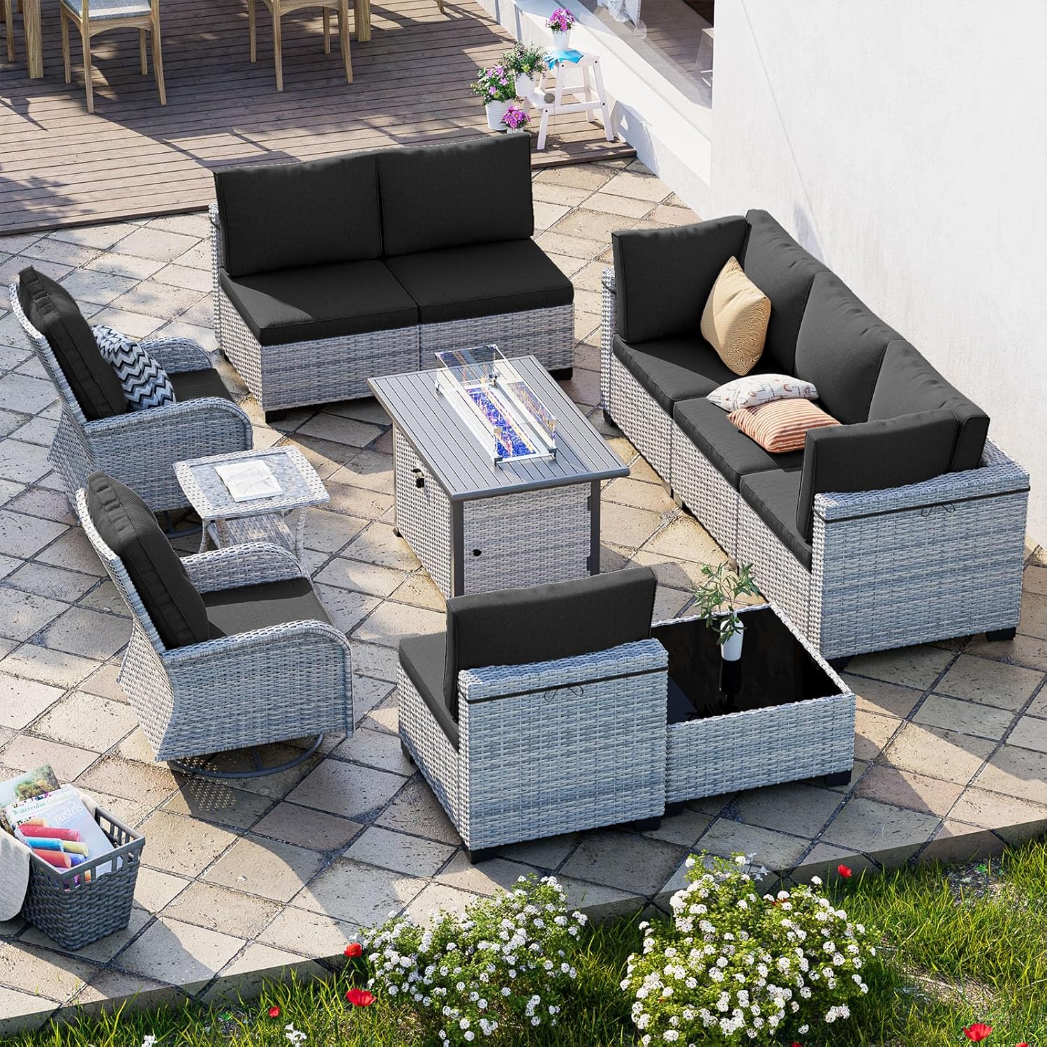 11-Piece Outdoor Patio Furniture Set with Fire Pit Table