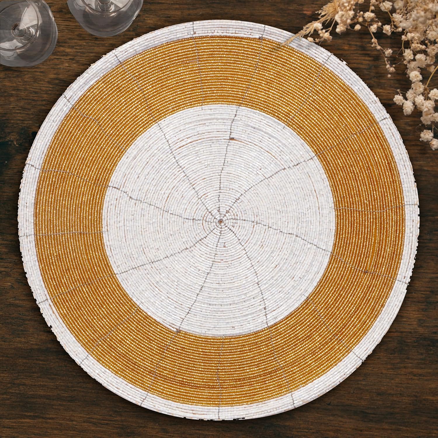 Elegant Round Beaded Gold Placemats Set of 4 for Christmas