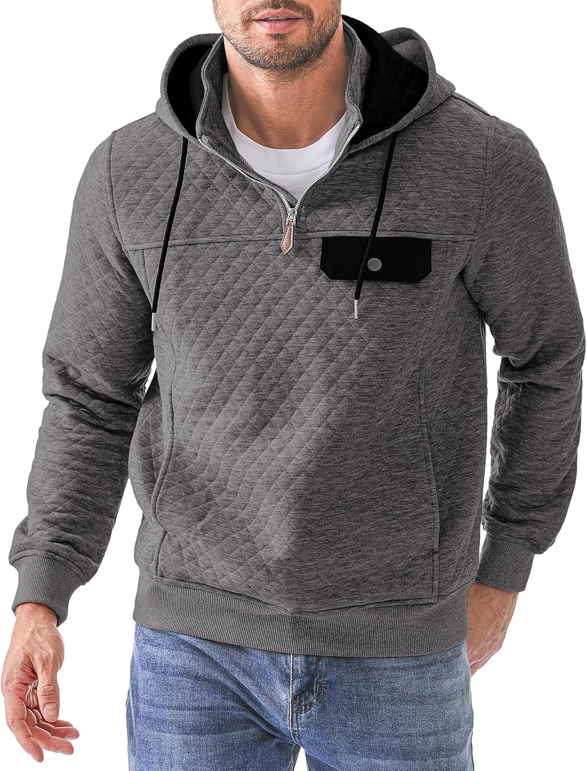 JMIERR Men's Quilted Hoodies Casual Long Sleeve Pullover Sweatshirt