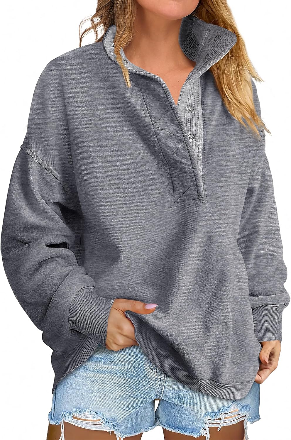 Womens Oversized Sweatshirt Long Sleeve Henley Pullover Tops