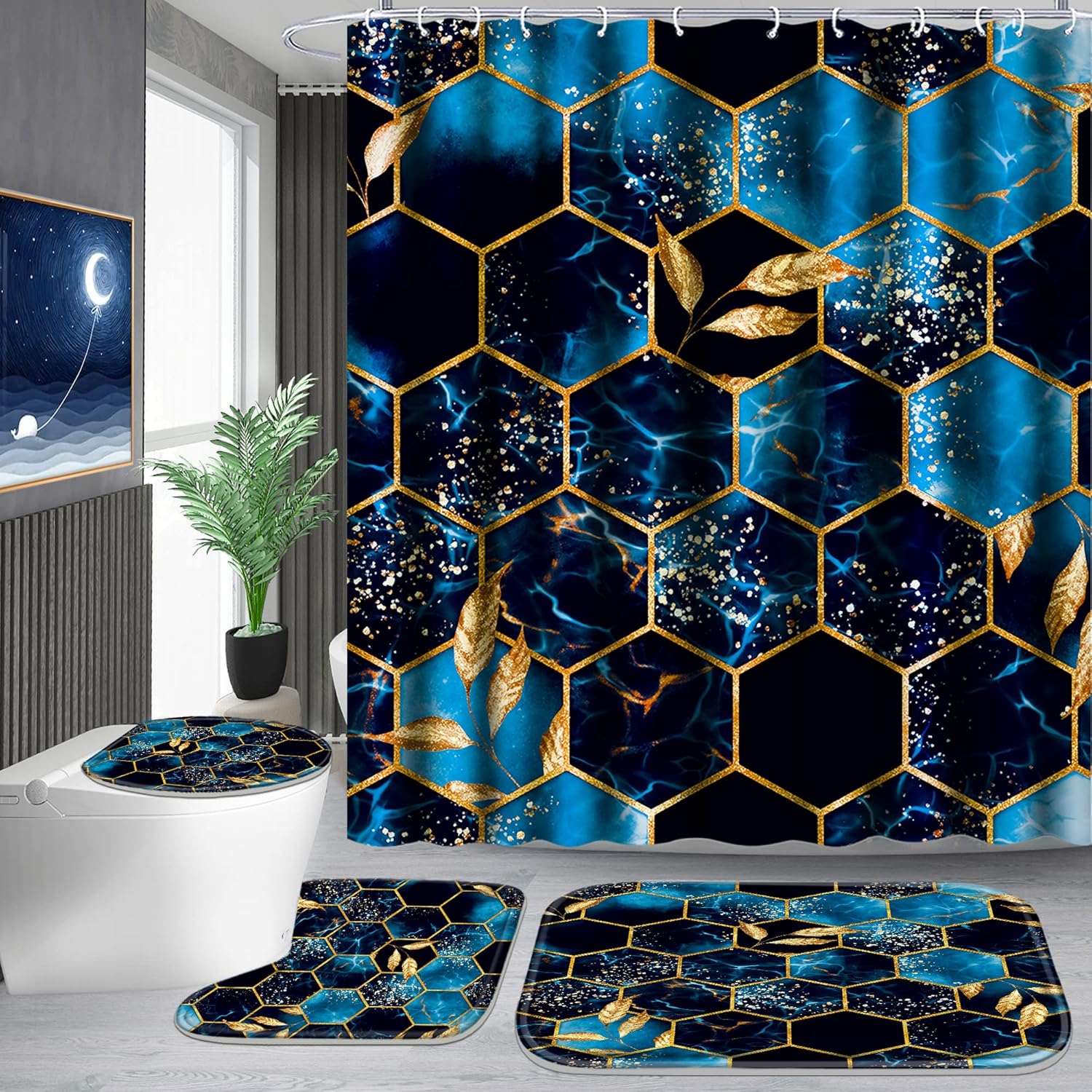 Complete Poedist Bathroom Set, 4 Pcs + 12 Hooks, Sky Blue