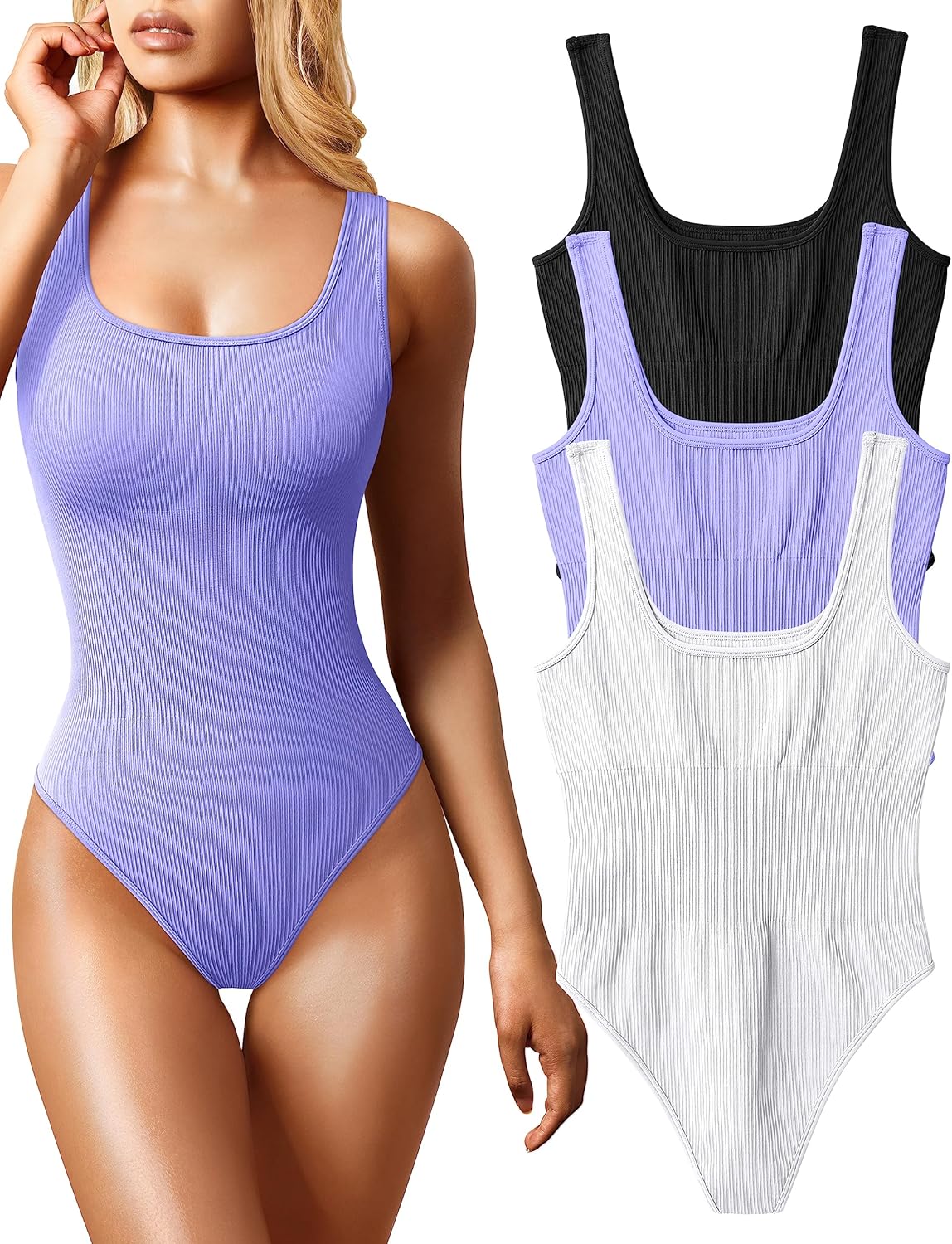 OQQ Women's 3 Piece Bodysuits: Trendy Ribbed Sleeveless Tops