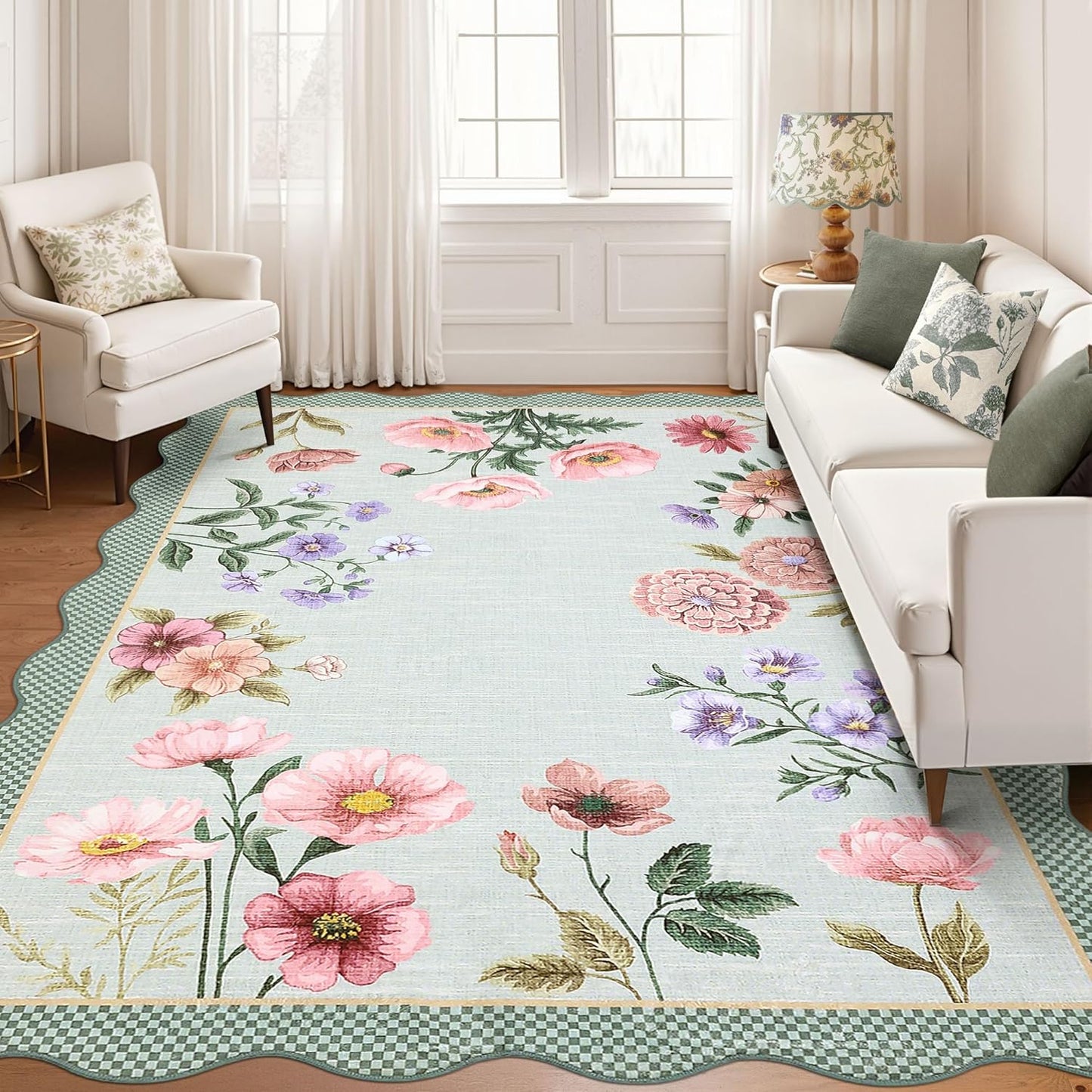 Floral Scalloped Washable Rugs 8x10 for Living Room & Bedroom