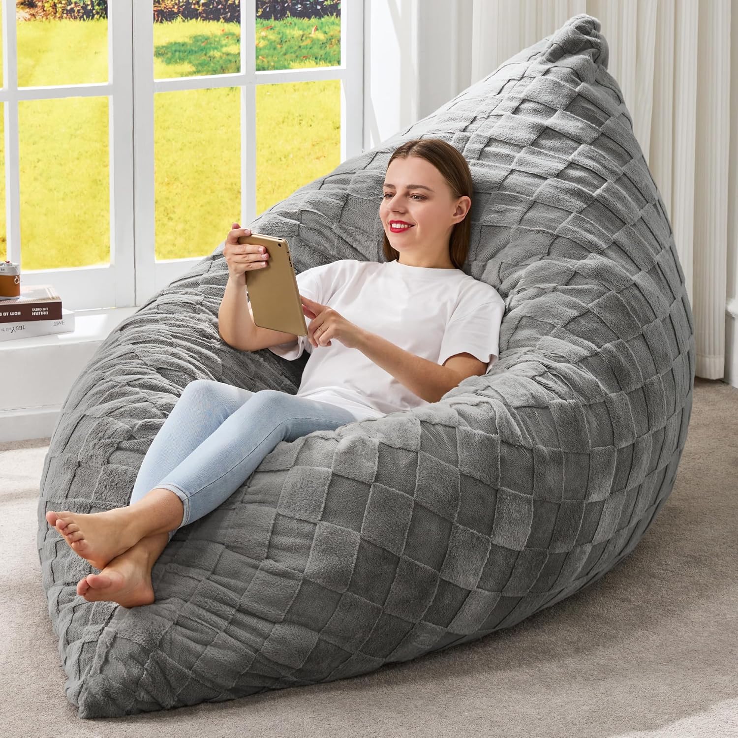 Hobestluk 3 in 1 Bean Bag Chair for Adults with Plaid Cover