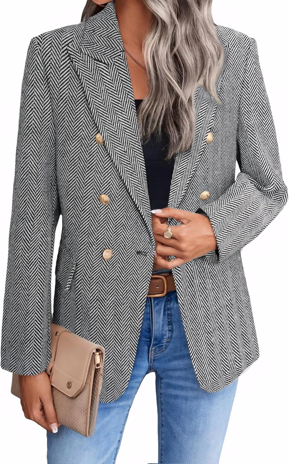 Mina Self Women's Tweed Plaid Blazer Jacket for Business Casual