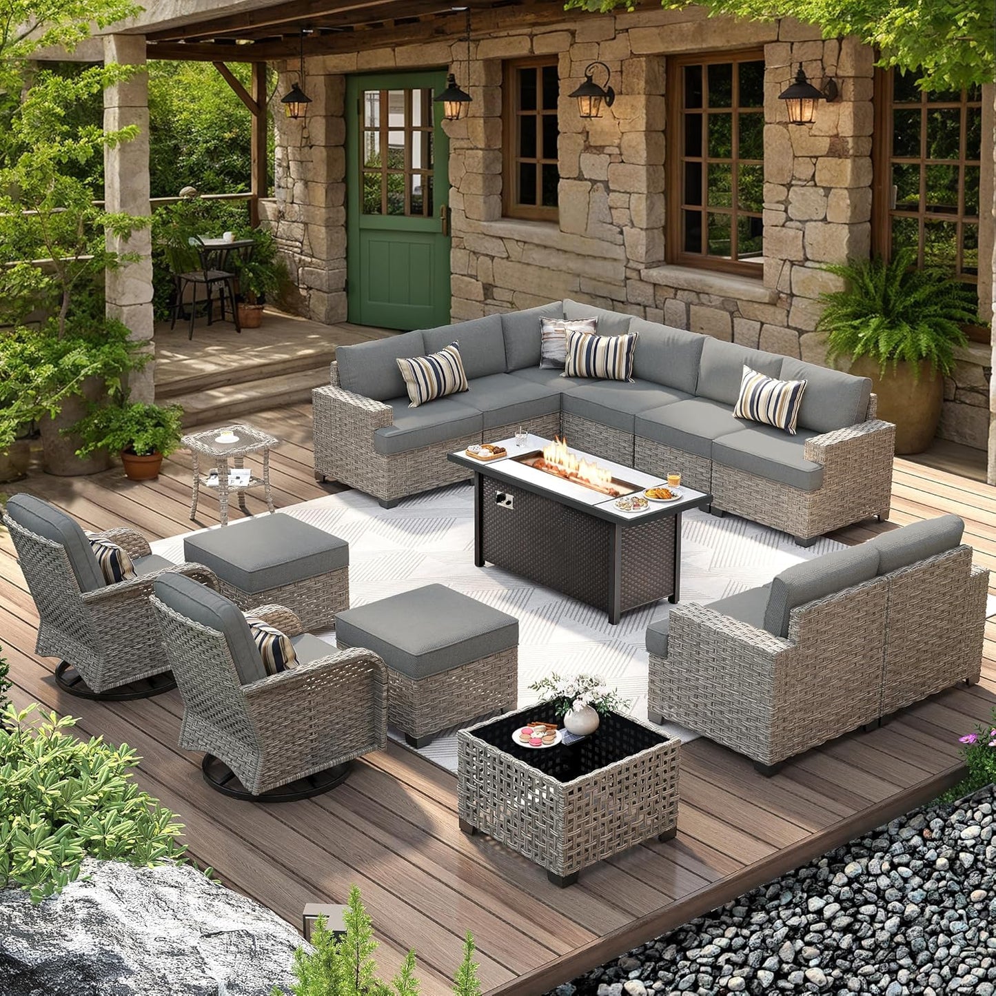HOOOWOOO Outdoor Sectional Patio Furniture Set with Fire Pit