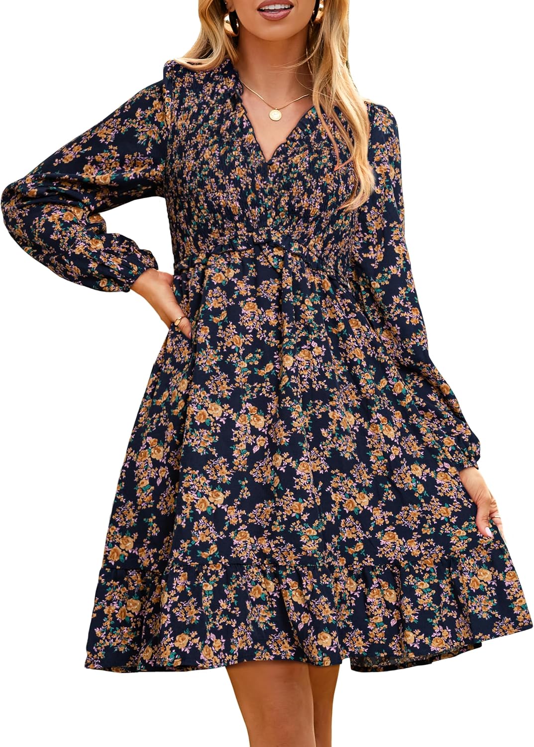 Simplee Womens Long Sleeve Babydoll Mini Dress for Fall Fun
