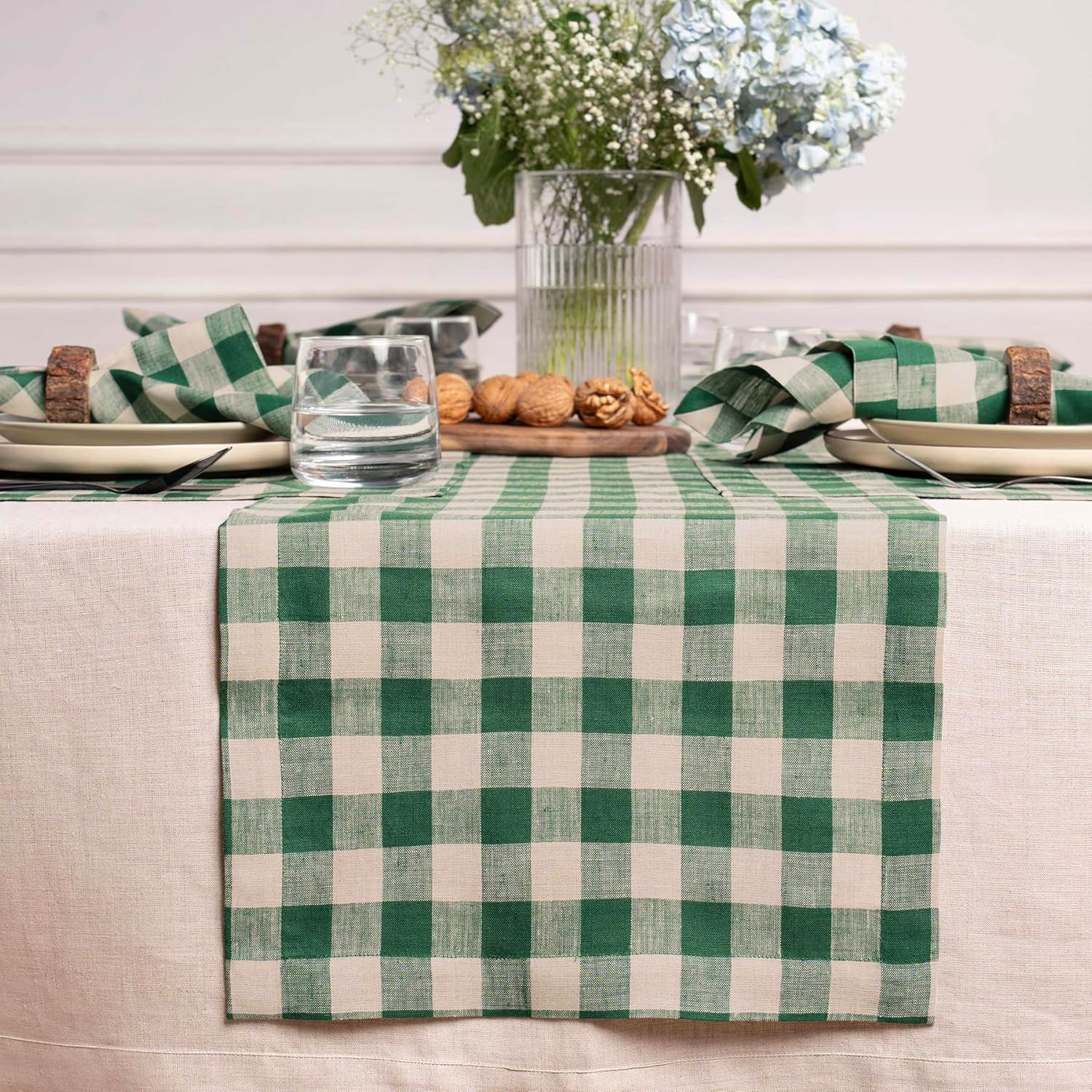 Linen Table Runner 14 x 72 Inch - Green and Natural Check