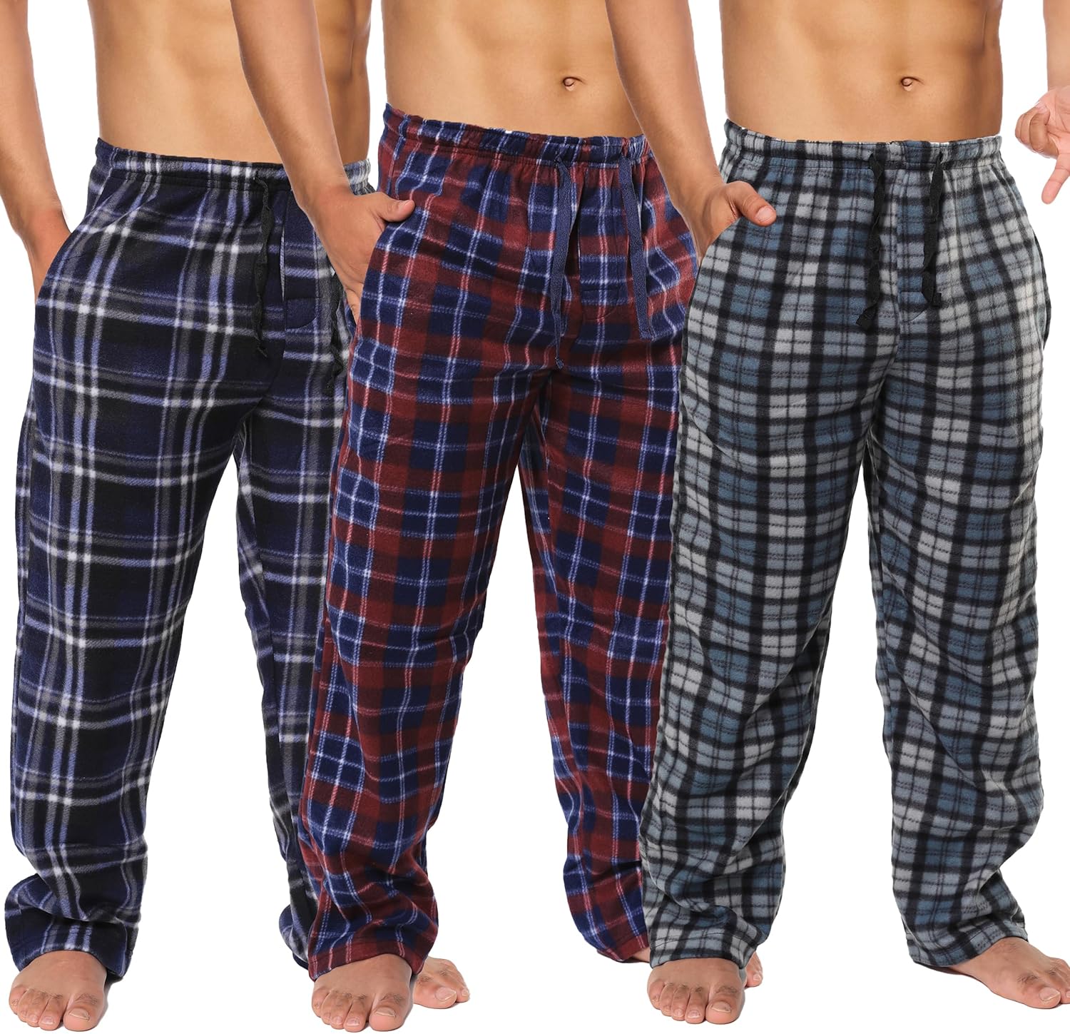 Cozy Mens Fleece Pajama Pants - 3 Pack Plaid Lounge Bottoms