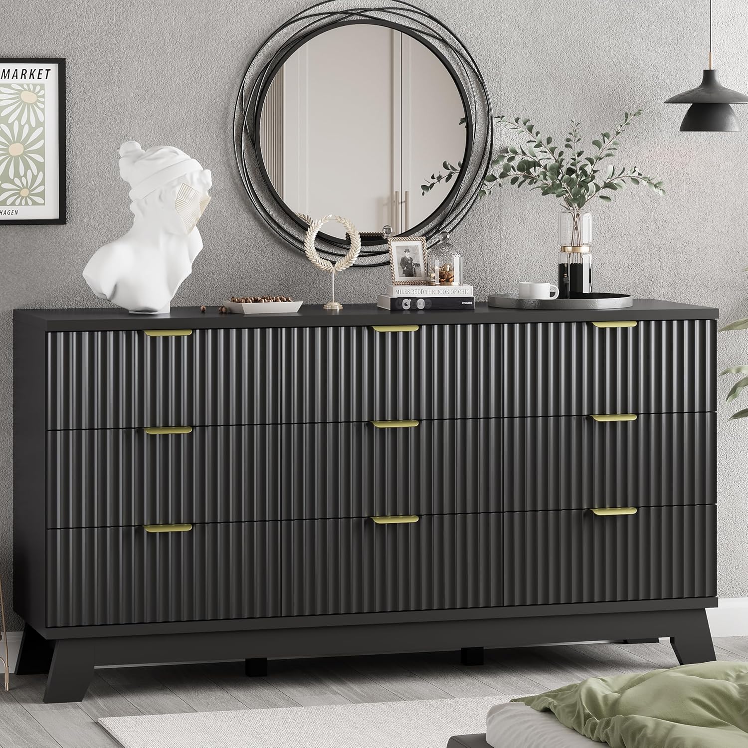 Fluted Dresser for Bedroom with 9 Drawers, Modern Storage