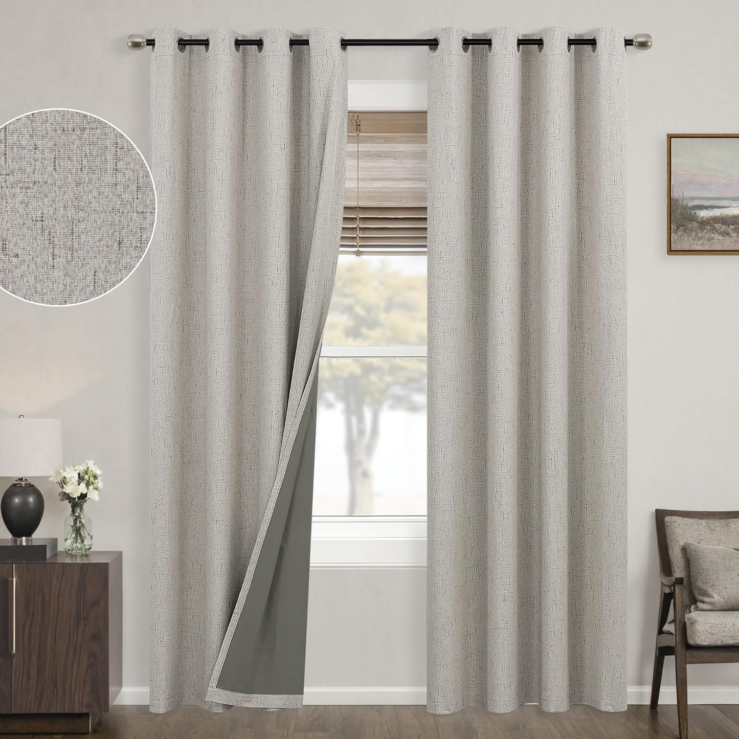 Mrs.Naturall Taupe Grommet Linen Blackout Curtains for Privacy
