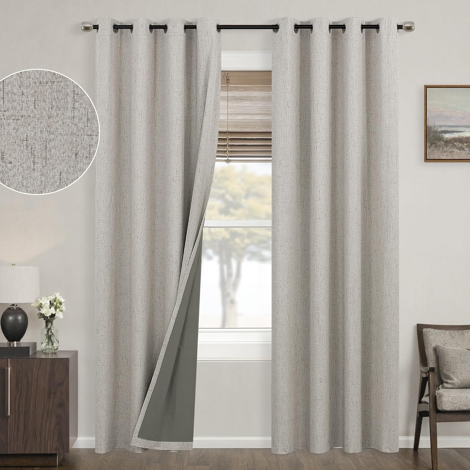 Mrs.Naturall Taupe Grommet Linen Blackout Curtains for Privacy