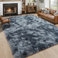 Large Fluffy 5x8 Area Rug Tie-Dyed Blue and Grey - Soft Thick Shag