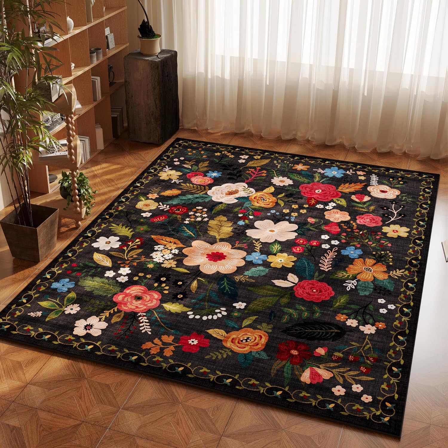 Boho Washable Rug 4x6 - Non Slip & Low Pile