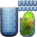 Blue Drinking Glasses Set of 12 - Vintage Floral Embossed Glassware