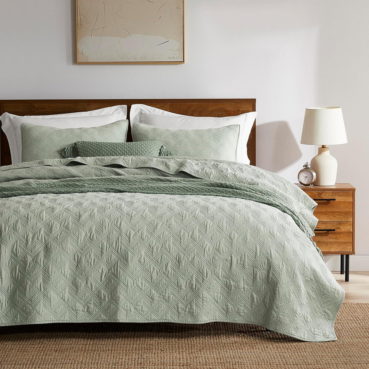 100% Cotton Twin Size Quilt Set - Sage Green Farmhouse Elegance