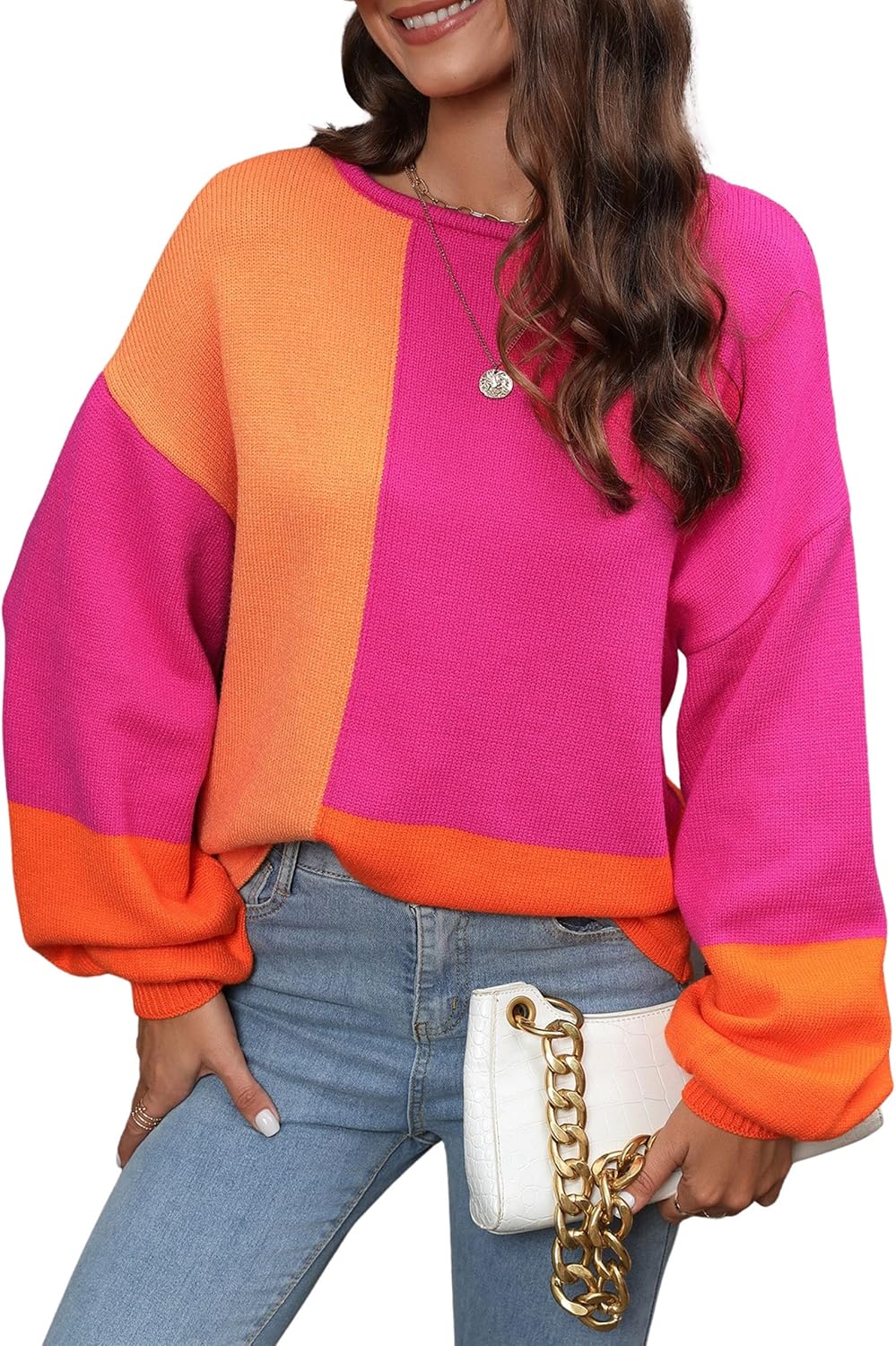 ECOWISH Women Sweater Long Sleeve Color Block Knit Pullover