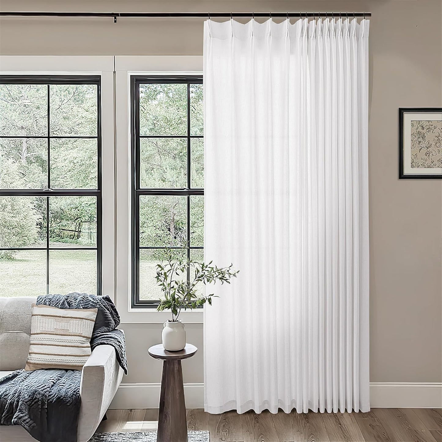 DUKIYO White Extra Wide Pinch Pleated Linen Curtains