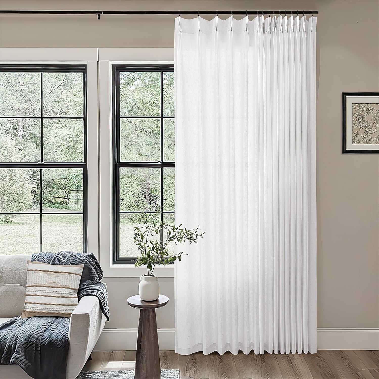 DUKIYO White Extra Wide Pinch Pleated Linen Curtains