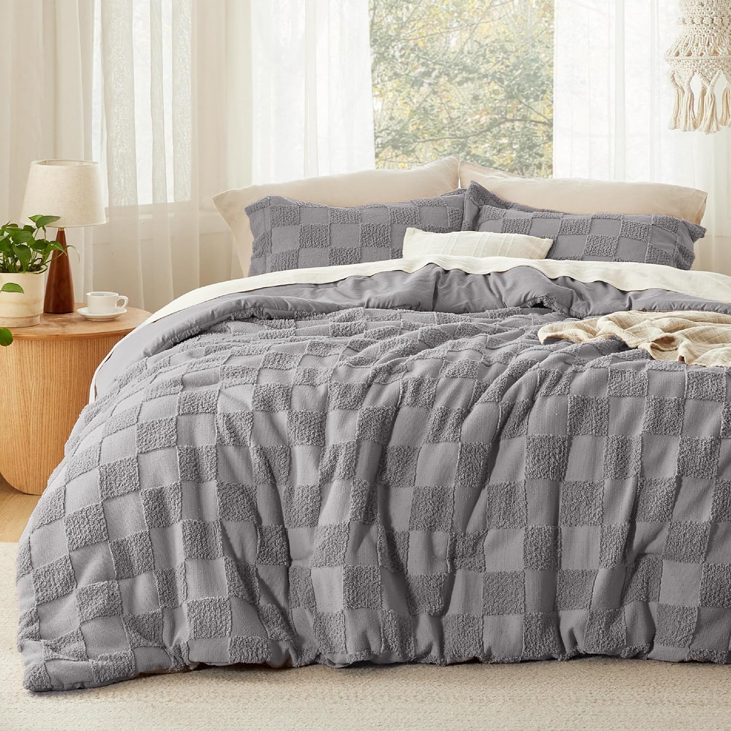 Bedsure King Size Comforter Set Grey with Boho Tufted Design
