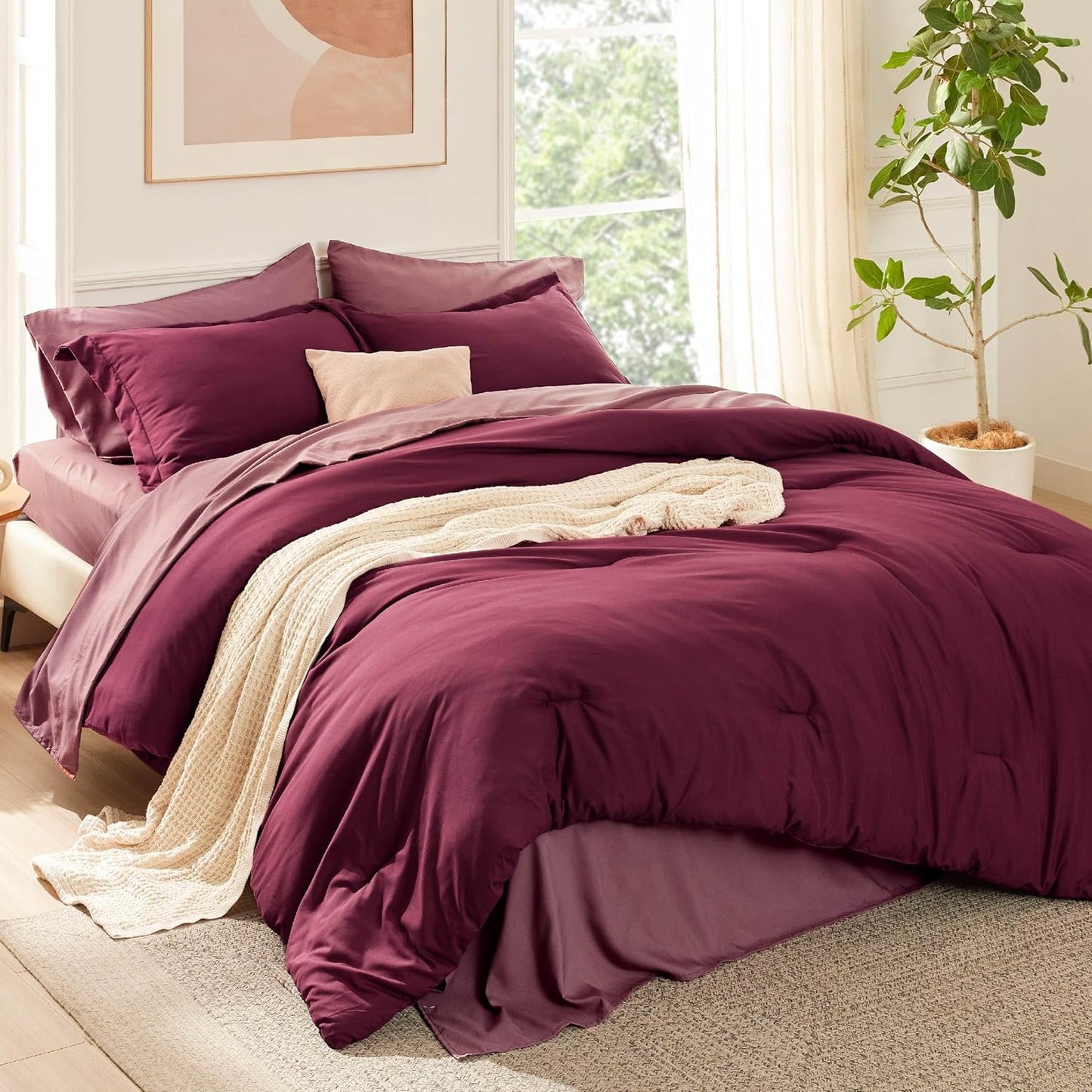 Bedsure King Size Comforter Set - 7 Pieces Burgundy Bedding