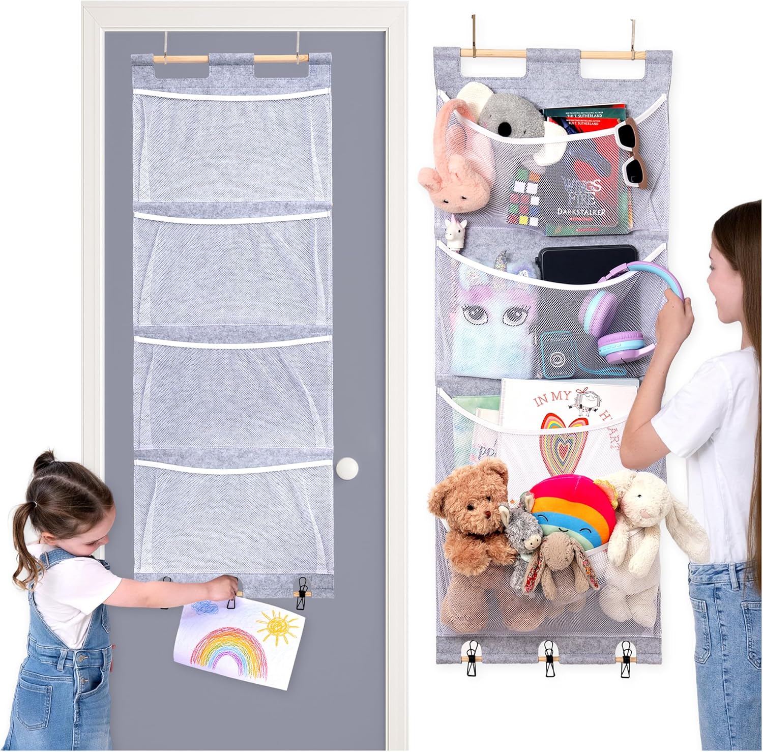Over the Door Stuffed Animal Storage for Kids with Clips