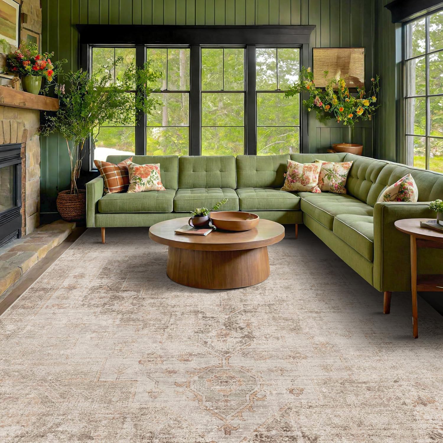 Tan Rugs for Living Room - Vintage Large Carpet for Dining Room