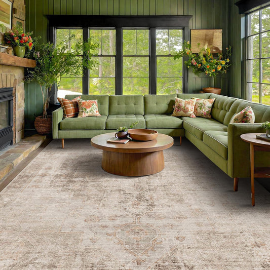Tan Rugs for Living Room - Vintage Large Carpet for Dining Room