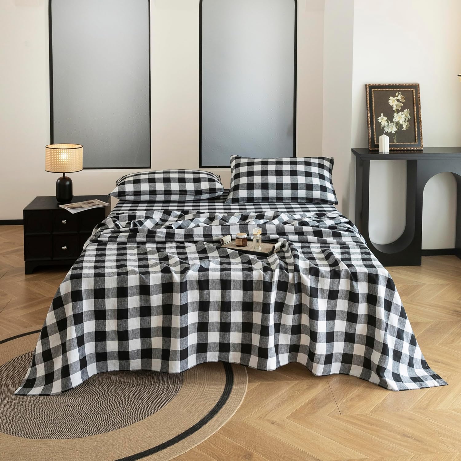 EVERLY Linen Sheets Set King Size for Hot Sleepers - Black Plaid