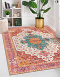 Moynesa Ultra-Thin Vintage Area Rug - Non-Slip & Washable - 5x7 Large Size - Pink/Teal/Multi