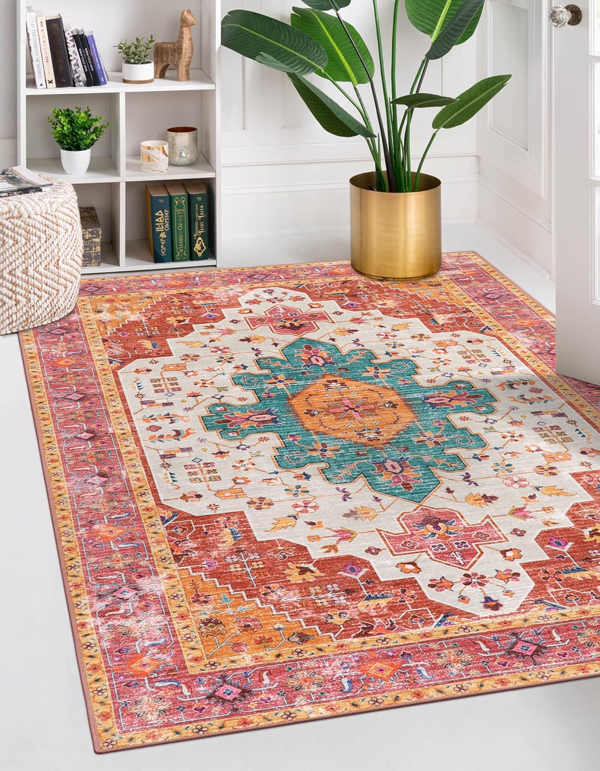 Moynesa Ultra-Thin Vintage Area Rug - Non-Slip & Washable - 5x7 Large Size - Pink/Teal/Multi