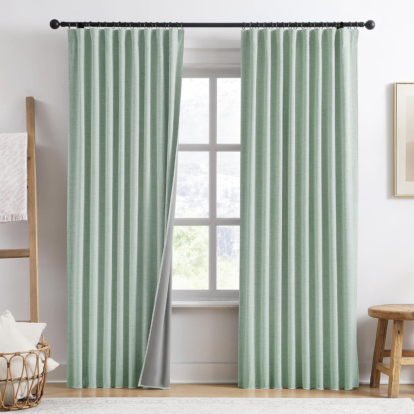 Light Green Linen Blackout Curtains for Living Room 84 Inch