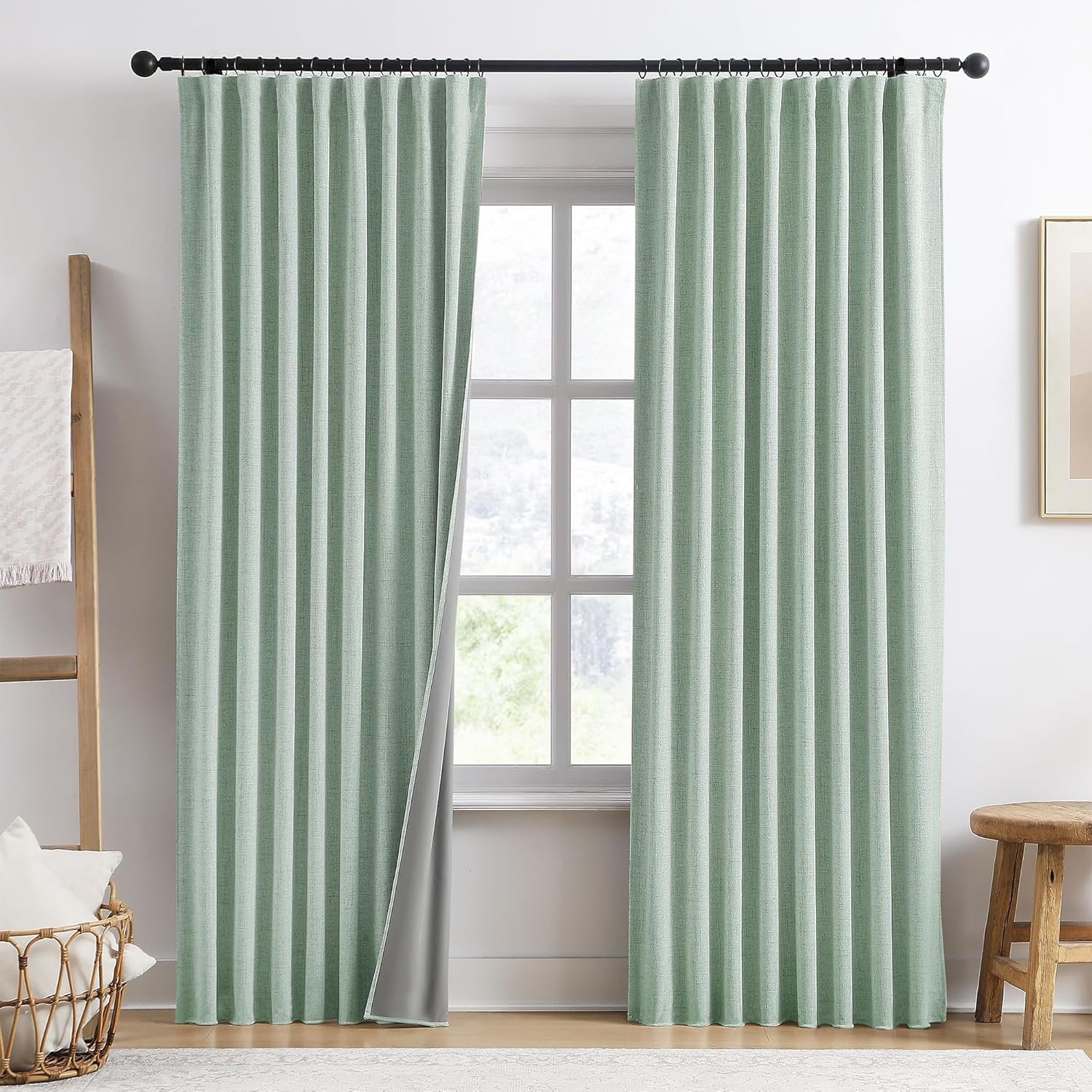 Light Green Linen Blackout Curtains for Living Room 84 Inch