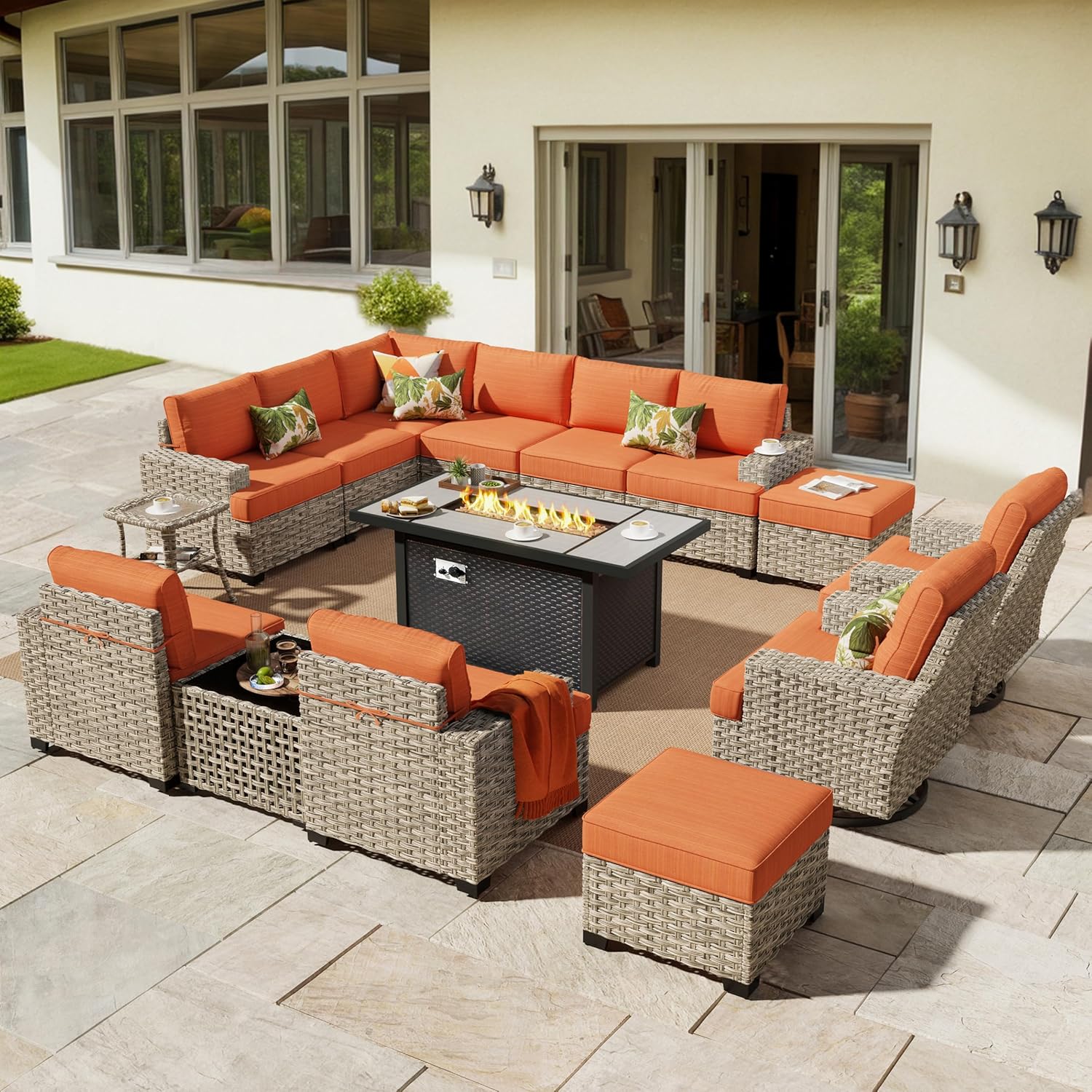 HOOOWOOO Outdoor Sectional Patio Furniture Set with Fire Pit