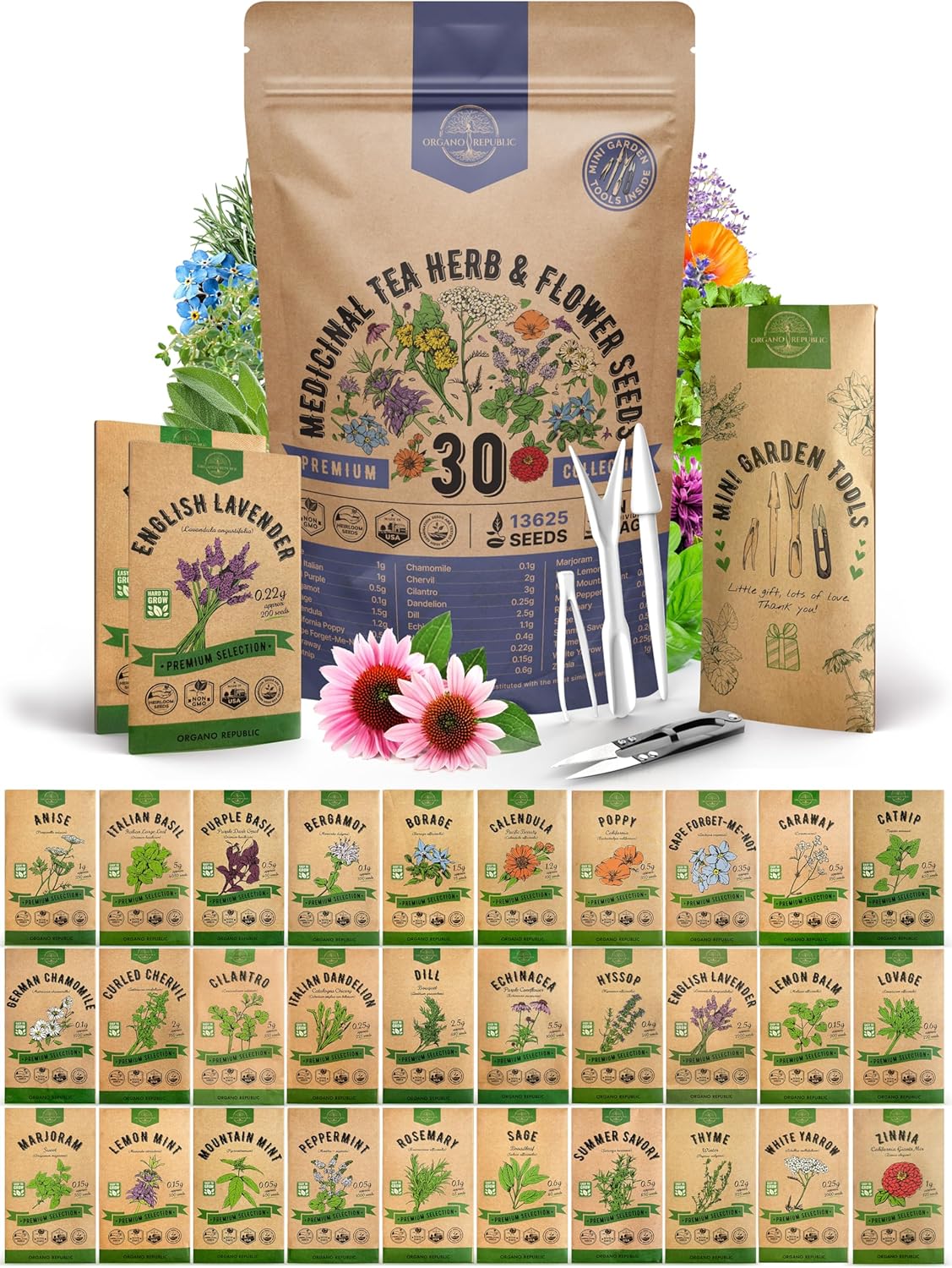 30 Medicinal Tea Herb & Flower Seeds Variety Pack for Garden
