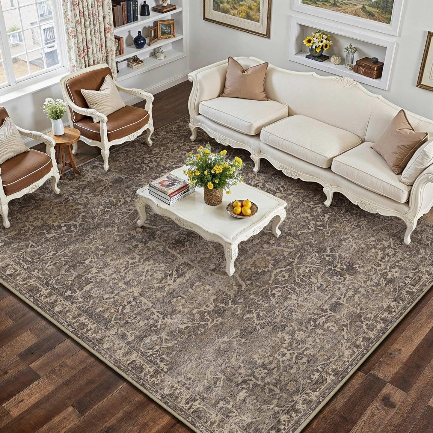 5x7 Retro Brown Area Rug - Vintage Floral Design for Any Room