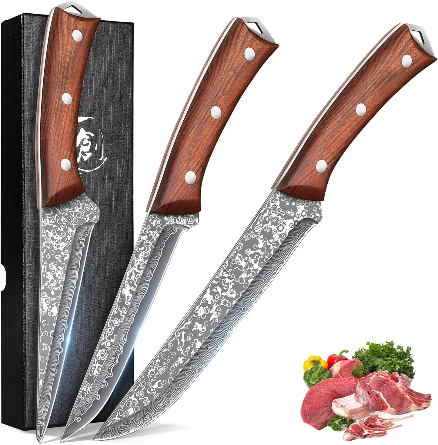 ROCOCO 3PCS Damascus Viking Boning Knife Set for Meat Cutting