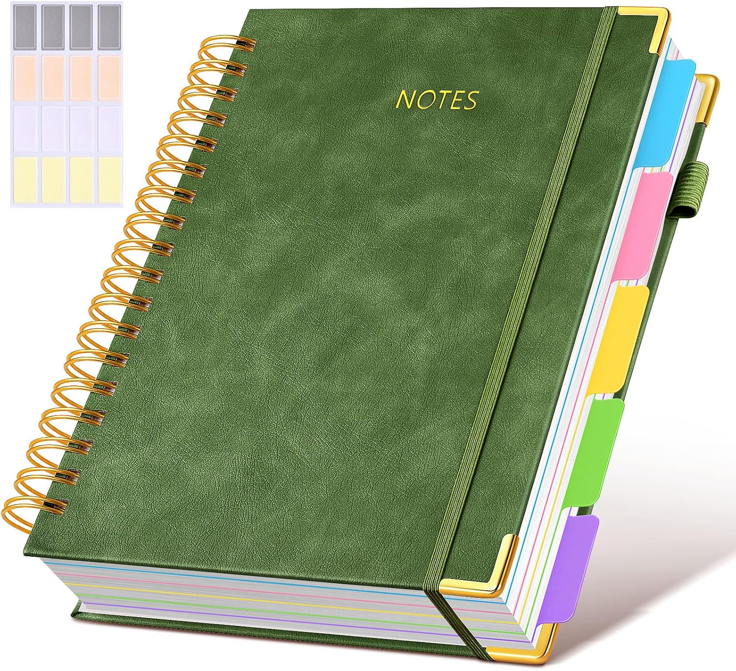 Leather 5 Subject Notebook: 300 Pages, Dividers, Large 8x10, College Ruled - Green